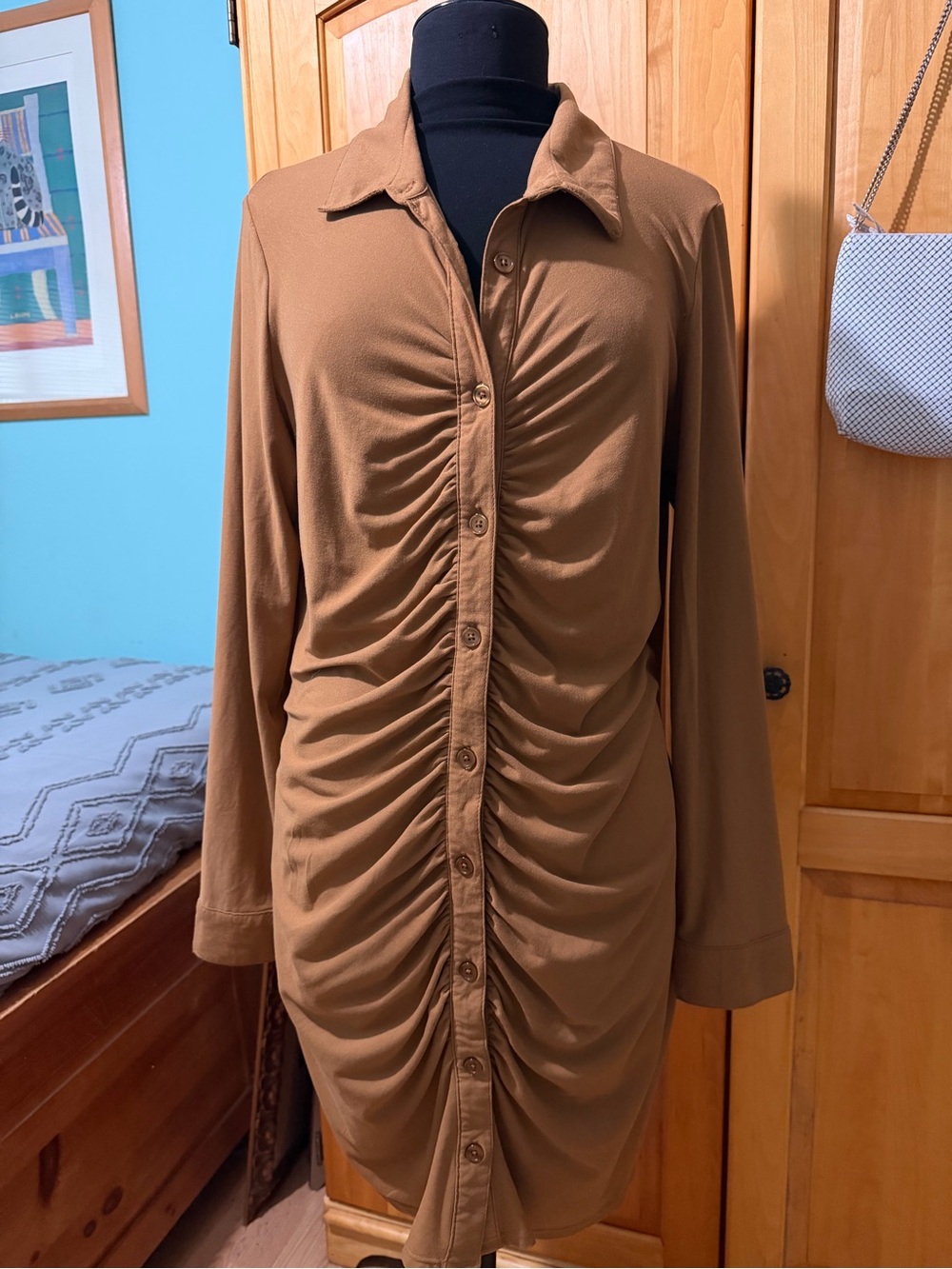 No Boundaries Ruched Button-Front Long Sleeve Dress in Brown